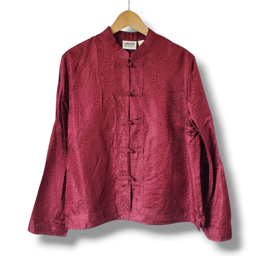 Vintage Chico's Design Ruby Red Mandarin Style Silk Blend Top Large